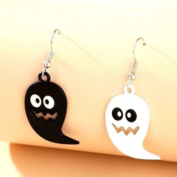 Halloween Mismatched Earrings - Black and White Ghost Dangle Earrings - 1.25" L - Picture 3 of 6